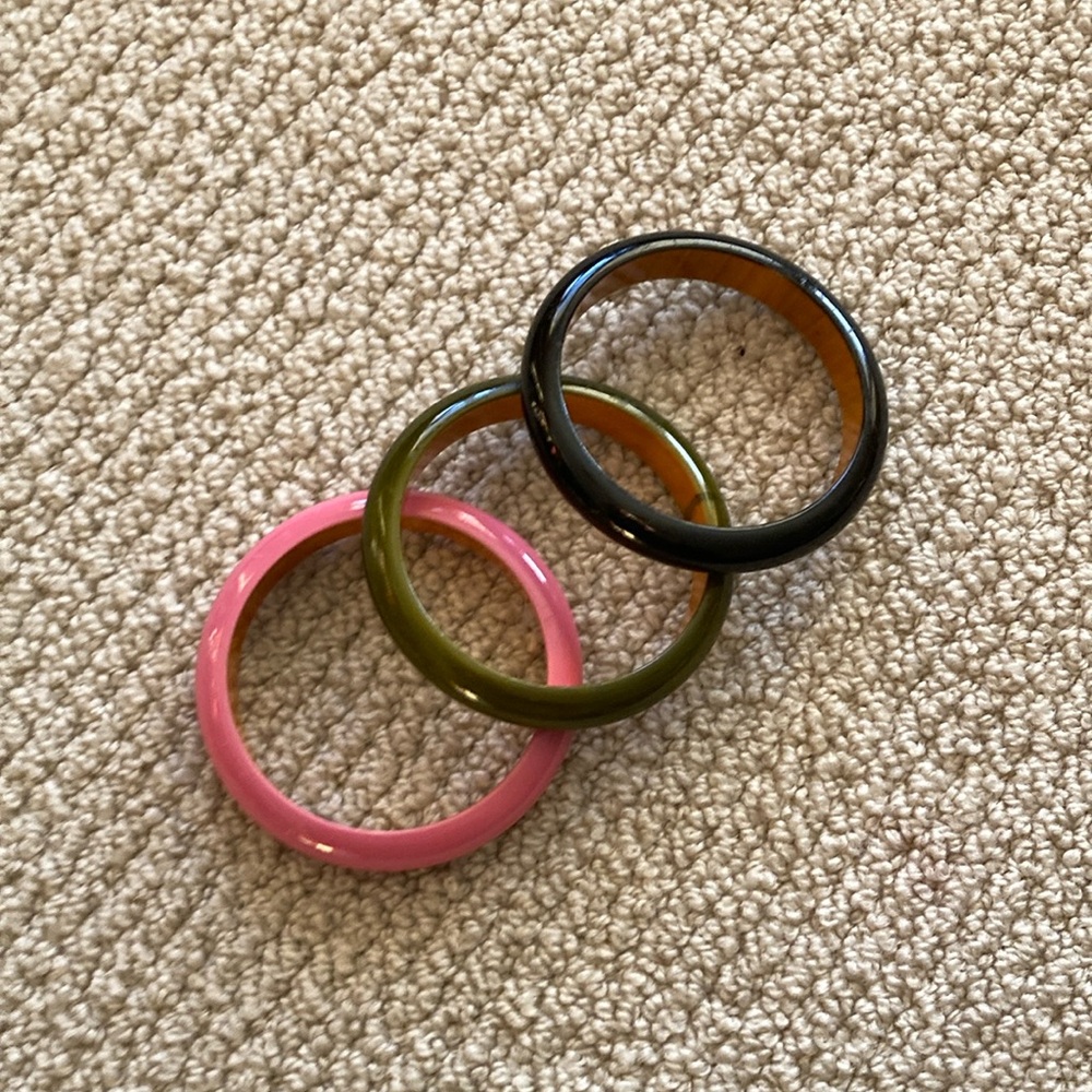 Boho Wood Bangles Set of Three Colorful Glossy Pink Green Black Large Fun